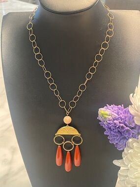 Gold-Tone Pendant Necklace with Peach and Coral Drop Accents